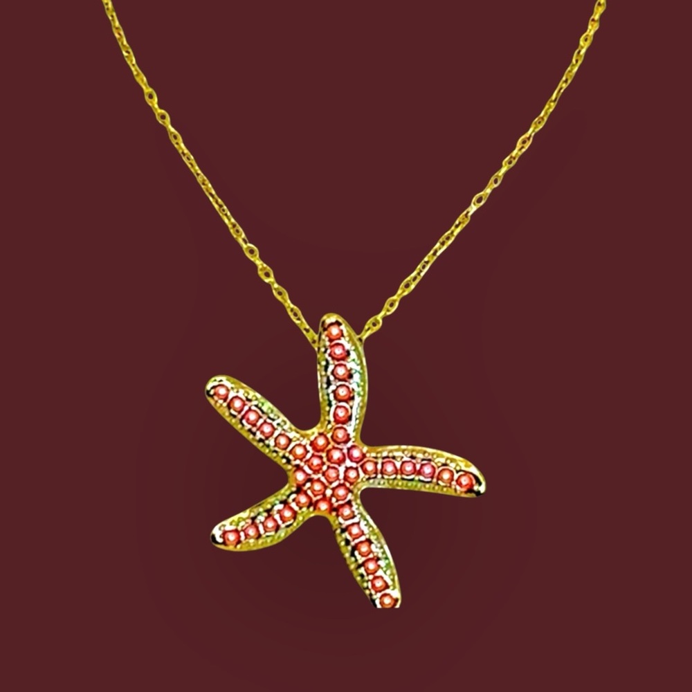 Starfish Pink and Gold Necklace with Pink Faux Pearl  Accents
